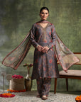 Floral Pashmina Wool Kurta Set with Chiffon Dupatta