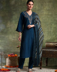 Zari-Embroidered Poly Viscose Kurta Set with Printed Chanderi Dupatta