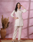 Ivory Co-ord Set with Floral Embroidered Tunic & Pocketed Palazzo