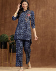 Blue Indo-Western Co-ord with Embroidered Shirt Collar Tunic & Printed Palazzo