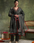 Printed Linen Kurta Set with Mirror Embroidery & Striped Dupatta