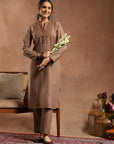 Solid Kurta Set with Ethnic Embroidery, Mandarin Collar & Lace Hem Palazzo