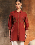 Solid A-Line Cotton Linen Shirt with Paisley Embroidery & Smocked Sleeves