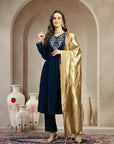 Velvet Straight Kurta Set with Zari Embroidery & Banarasi Dupatta