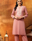 Wool Blend Solid Kurta Set with Thread Embroidery & Elasticated Palazzo