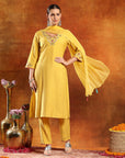 Nylon Viscose Kurta Set with Ari Embroidery, Lace-Trimmed Palazzo & Chiffon Dupatta
