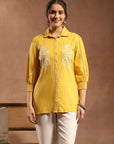 Yellow Cotton Top with Shirt Collar & Floral Embroidery