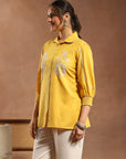 Yellow Cotton Top with Shirt Collar & Floral Embroidery