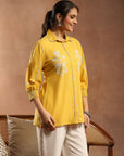 Yellow Cotton Top with Shirt Collar & Floral Embroidery