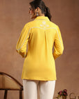 Yellow Cotton Top with Shirt Collar & Floral Embroidery