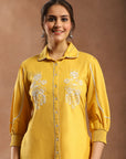 Yellow Cotton Top with Shirt Collar & Floral Embroidery