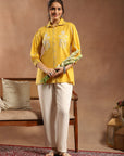 Yellow Cotton Top with Shirt Collar & Floral Embroidery