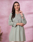 Ethnic Embroidered Kurti in Green with Smocked Sleeves