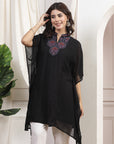 Solid A-Line Rayon Kaftan Kurta with Embroidered Yoke & Flared Sleeves
