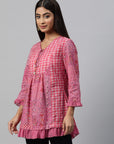 Ethnic Printed Cotton Top with Tie-Up Neck