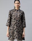 Floral Printed A-Line Modal Chanderi Kurti with Shirt Collar