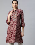 Floral Printed A-Line Modal Chanderi Kurti with Shirt Collar