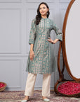 Striped Flowy A-Line Modal Chanderi Kurta with Mandarin Collar