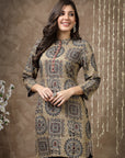 Ethnic motif viscose kurti with mirror detailing and 3/4th sleeves