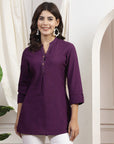 Solid Straight Cotton Tunic with Roll-Up Sleeves