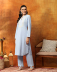 Wool Blend Embroidered Kurta Set with Mandarin Collar & Elasticated Palazzo