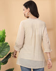 Cream embroidered georgette top with mandarin collar & 3/4th sleeves