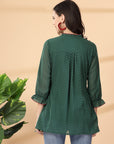 Green embroidered georgette top with mandarin collar & 3/4th sleeves