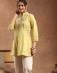 Lemon Embroidered Kurti with Lace Sleeves and Mandarin Collar