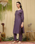 Zari Embroidered Blended Kurta Set with Full Sleeves & Palazzo