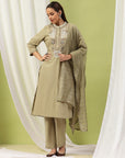 Mandarin-Collar Cotton-Blend Kurta Set with Embroidered Palazzo & Zari-Edged Dupatta