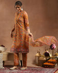 Floral Printed Silk Kurta Set with Sewroskie Work & Printed Dupatta