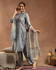 Tribal Printed Straight Kurta Set with Lace Detailing & Chiffon Dupatta