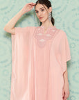 Solid A-Line Rayon Kaftan Kurta with Embroidered Yoke & Flared Sleeves