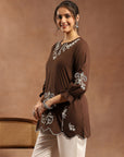 Thread Embroidered Cotton Kurti with Lace-Trim Sleeves