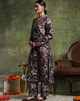 Wool Blend Floral Printed Kurta Set with Ethnic Embroidery & Printed Palazzo