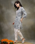 Floral Printed Poly Viscose Kurti with Embroidered Yoke