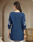Thread Embroidered Cotton Kurti with Lace-Trim Sleeves