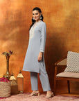 Wool Blend Solid Kurta Set with Thread Embroidery & Elasticated Palazzo