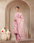 Vetican Fabric Kurta Set with Embroidered Round Neck, Palazzo & Striped Silk Dupatta