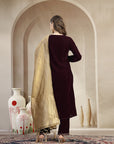 Velvet Straight Kurta Set with Zari Embroidery & Banarasi Dupatta