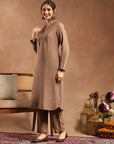 Solid Kurta Set with Ethnic Embroidery, Mandarin Collar & Lace Hem Palazzo