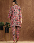 Pink Floral Rayon Co-ord Set with Bell Sleeves and Mandarin Collar