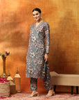 Wool Blend Floral Printed Kurta Set with Ethnic Embroidery & Printed Palazzo