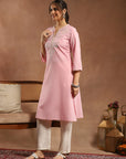 Solid Cotton Straight Kurta with Thread Embroidery & Lace Cuff Details