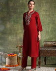 Poly Viscose Kurta Set with Zari-Embroidered Mandarin Collar