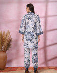 Blue Floral Kurta Set with Mandarin Collar & Laced Bell Sleeves
