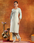 Twill Weave Embroidered Kurta Set with Lace-Trimmed Palazzo