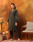 Wool Blend Kurta Set with Embroidered Yoke, Smocked Sleeves & Palazzo