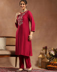 Silk Blend Kurta Set with Intricate Paisley Embroidery, Solid Palazzo & Zari Stitched Hem