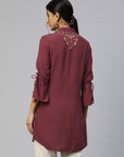 Maroon Viscose Kurti with Mandarin Collar & Embroidered Yoke